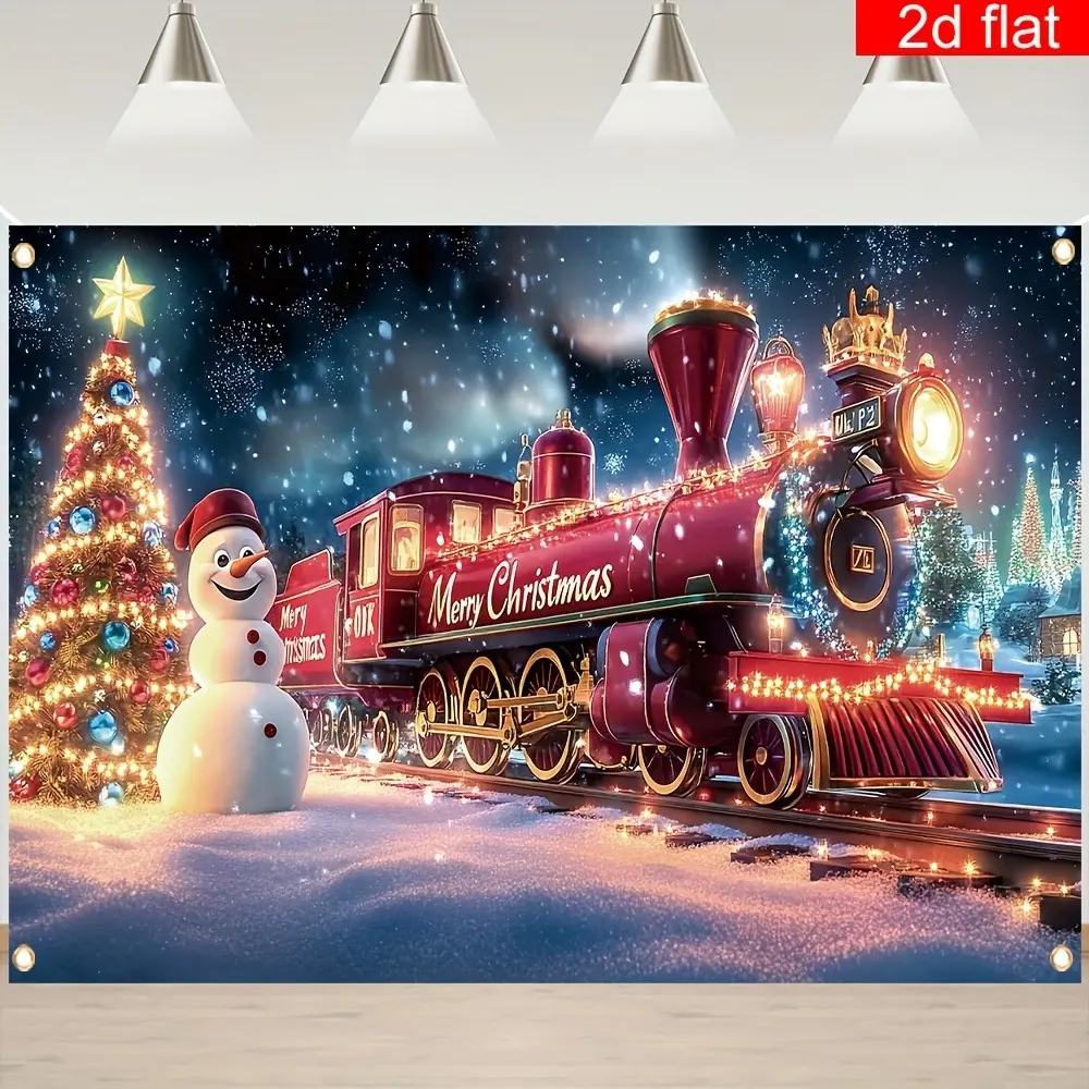 2D Flat Christmas Train Banner | Festive Red & White Snowy Holiday Backdrop with Christmas Tree & Train Scene | Single-Sided Polyester | Metal Grommets for Easy Hanging | Perfect for Christmas Parties, Home Decor, Holiday Events & Photo Backgrounds