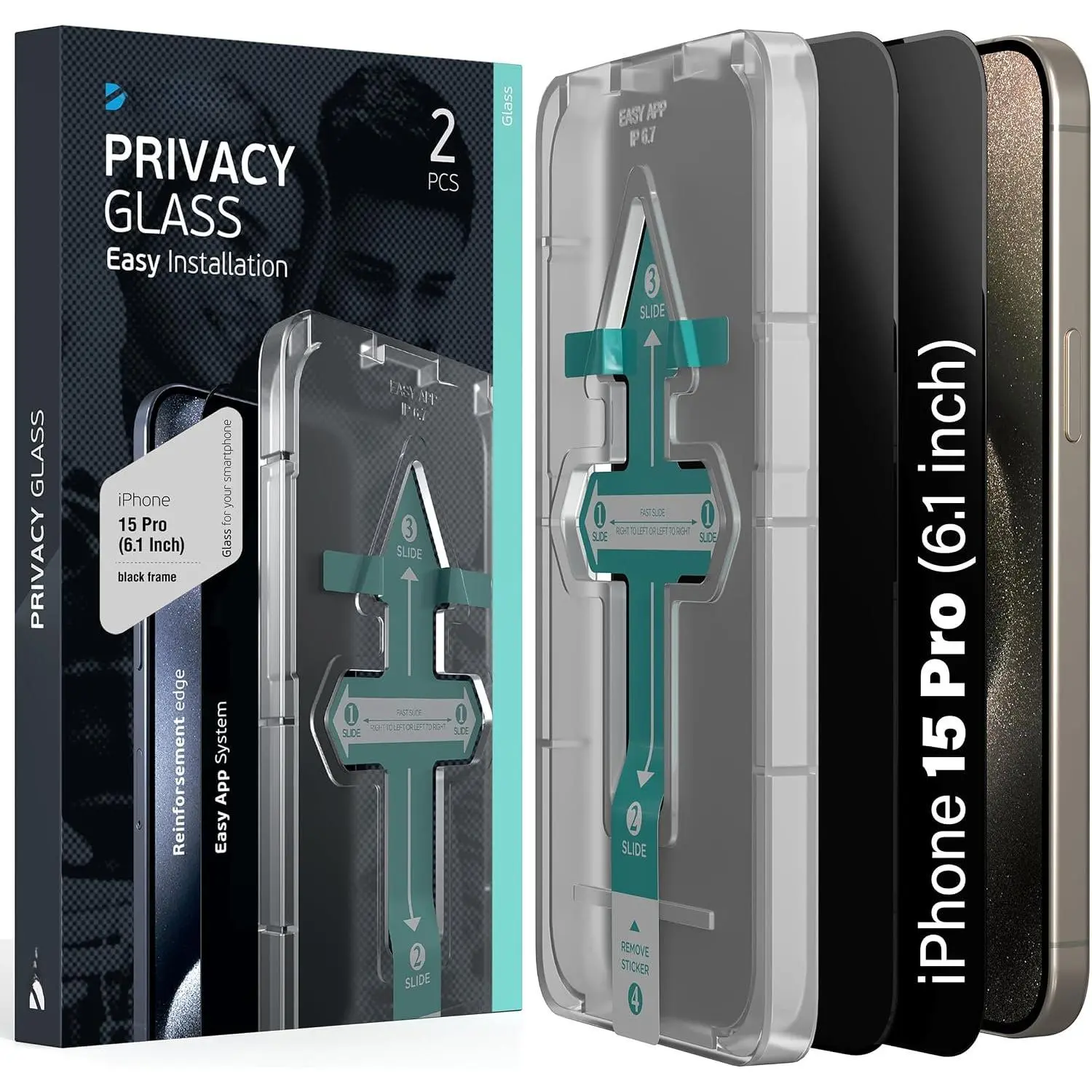 |2 Pack|   Screen Protector for  15 Pro (6.1') Tempered Glass  to  Full Cover with Easy Installation Kit Tray - Anti Spy, Private, Dark, Black Film