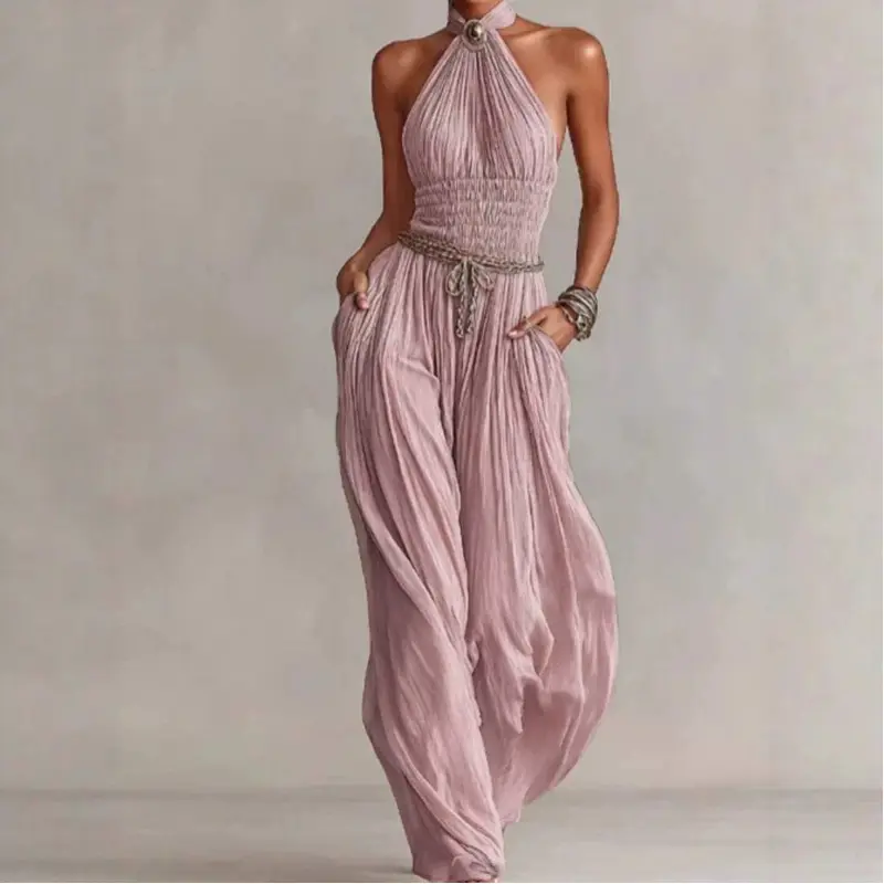 Women's Halter Neck Jumpsuit, Solid Color Sleeveless Pleated Wide-Leg Pantsuit, Sexy Summer Dress Up Outfit, Plus Size, Overalls, Dress Up Jumpsuit, Loose Overalls Jumpsuits