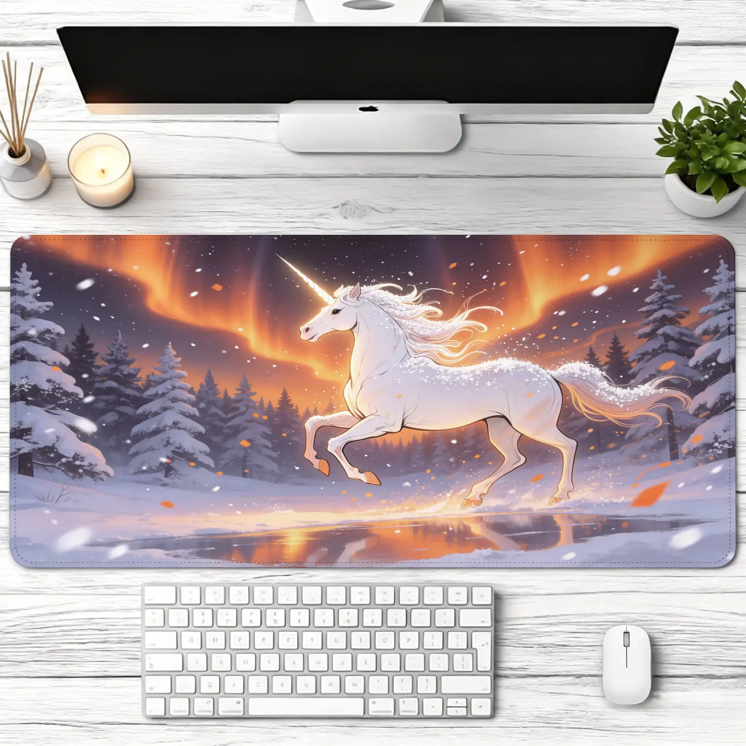 Extra Large magical unicorn in snowy winter forest with aurora borealis Mouse Pad,Non Slip Rubber Pad,Desktop Decoration Drotection Pad,Washable,Lock Edge Multi Size,Premium Multipurpose Mousepad For Home Office,Gaming Desk,Gift for Family and Friends