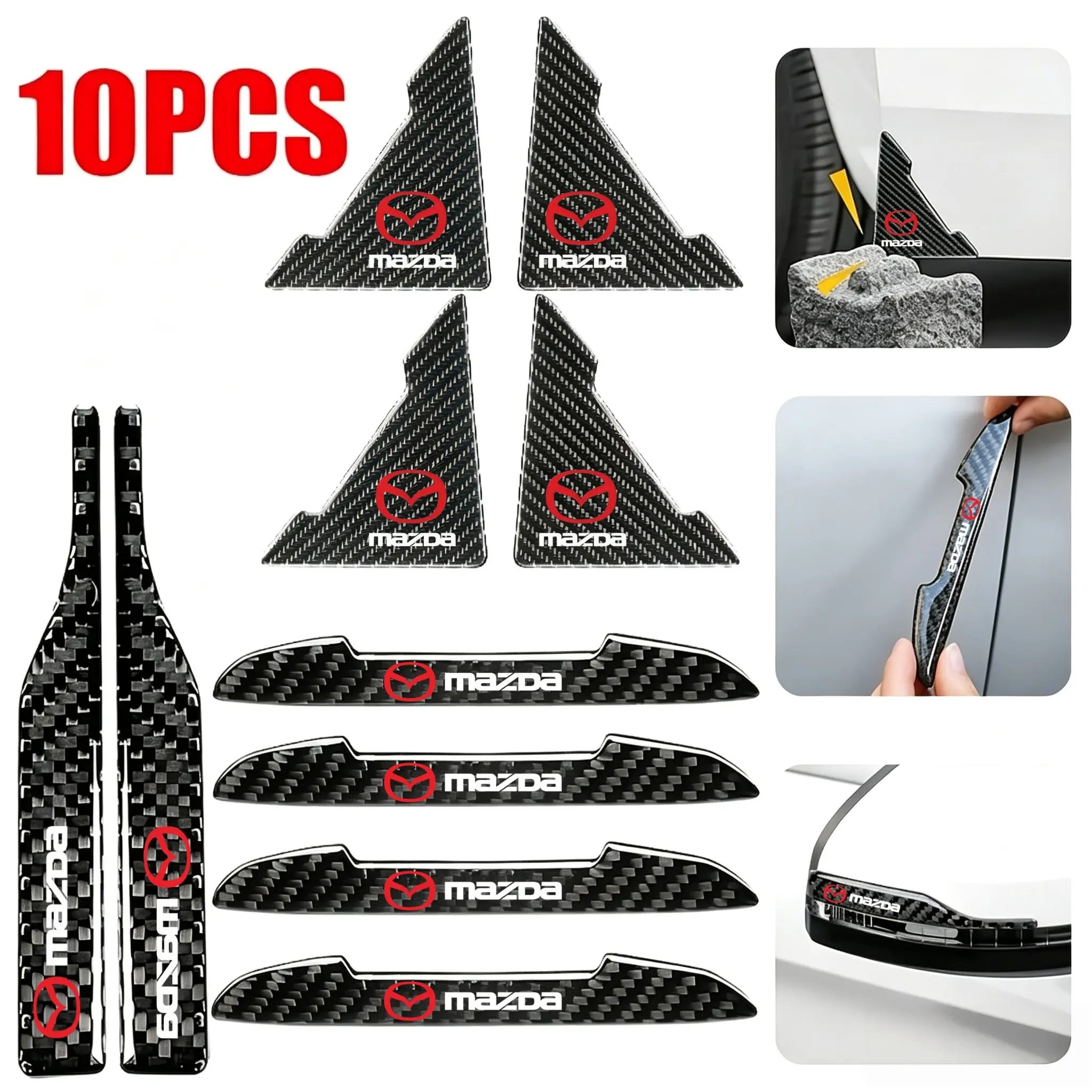 10pcs Mazda Carbon Fiber Door Protectors, Anti-Collision Corner Guards, Anti-Scratch Stickers, Self-Adhesive Automotive Accessories, Car Decal