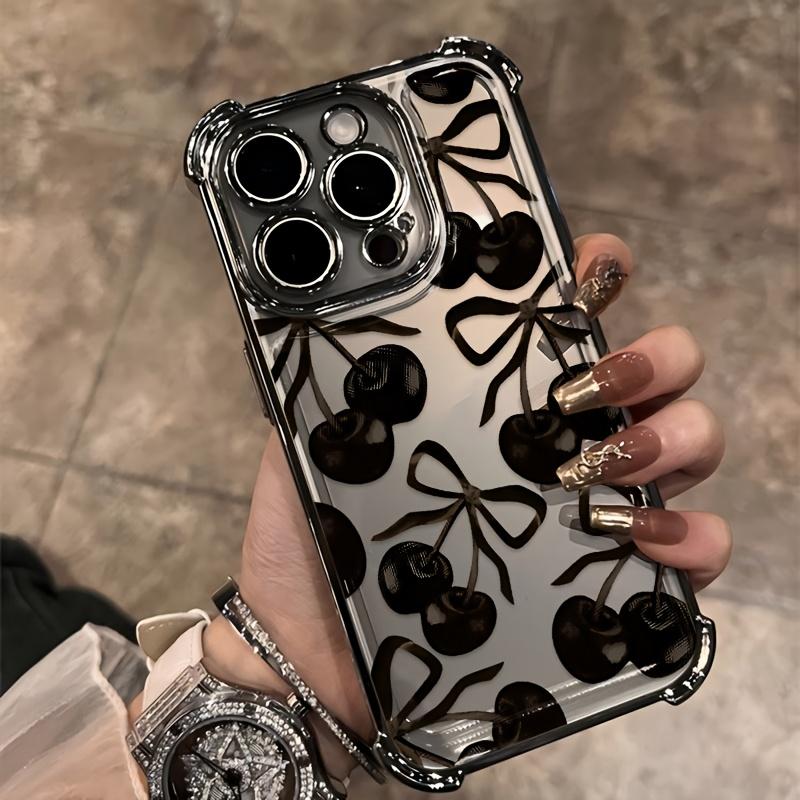 Black Cherry Pattern Four-corner Thickened Mobile Phone Case for iPhone 17 Air 16 15 14 13 12 11 Pro Max Plus border Electroplating with counter-fall Safety Cushion 2D printing Decorative Smartphone Protector Protection