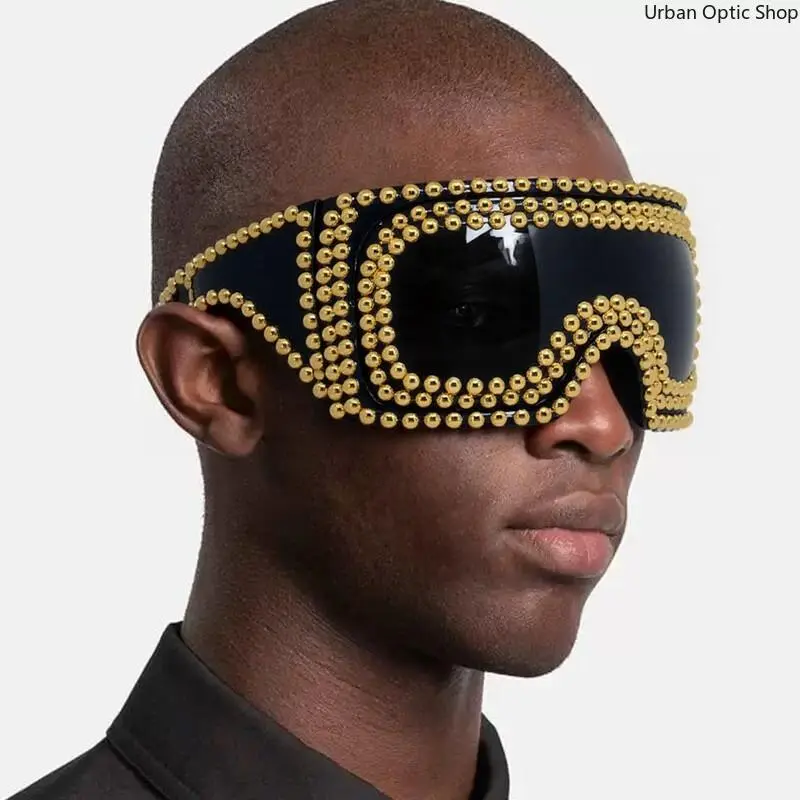 Unisex Exaggerated Oversized Shield Goggle Sunglasses, Punk One-Piece Frame Fully Decorated with Silver Beads, UV400 Fashion Statement Eyewear for Rave Parties, Music Festivals, Halloween Cosplay, Streetwear and Photoshoots