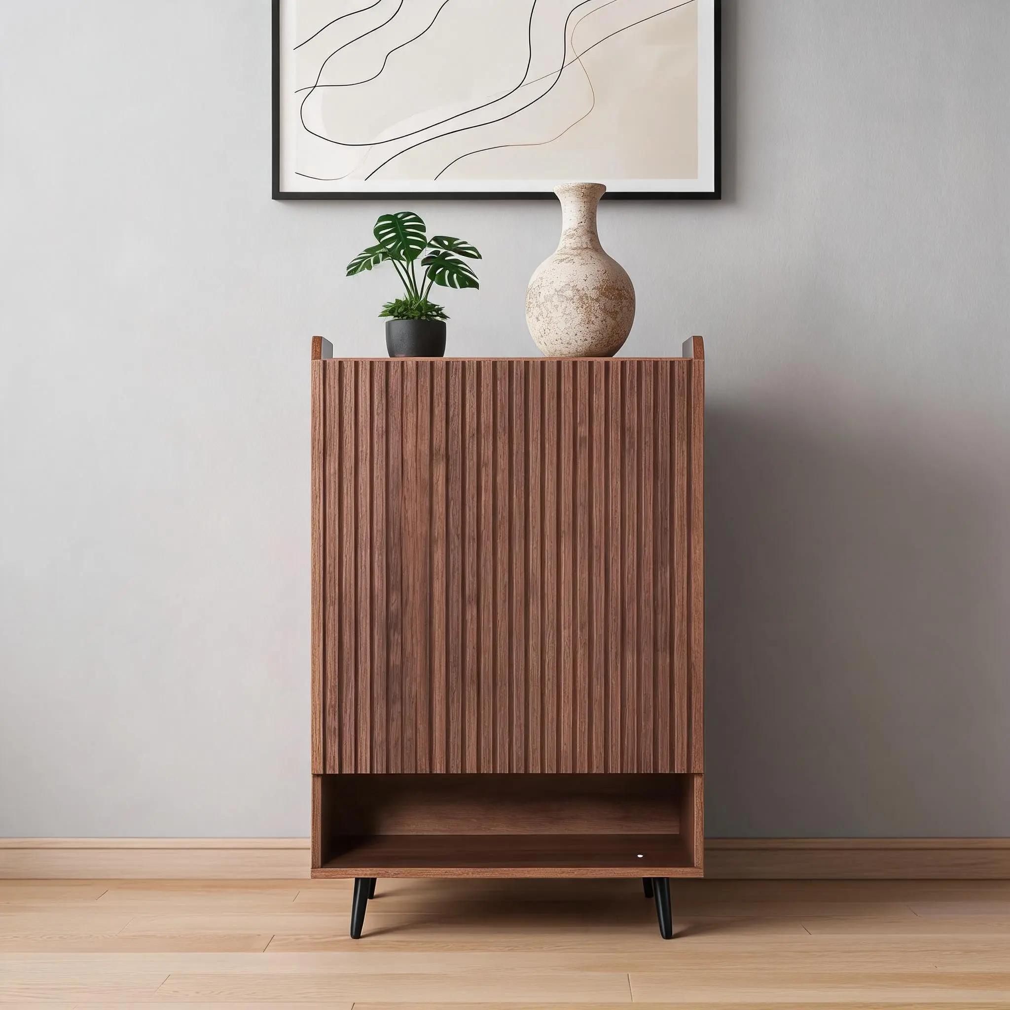 Mid-Century Fluted Front Accent Storage Cabinet, Single Door Vertical Reeded Wood Sideboard with Open Bottom Shelf & Black Slender Legs, Narrow Buffet Cabinet for Entryway, Living Room & Bedroom