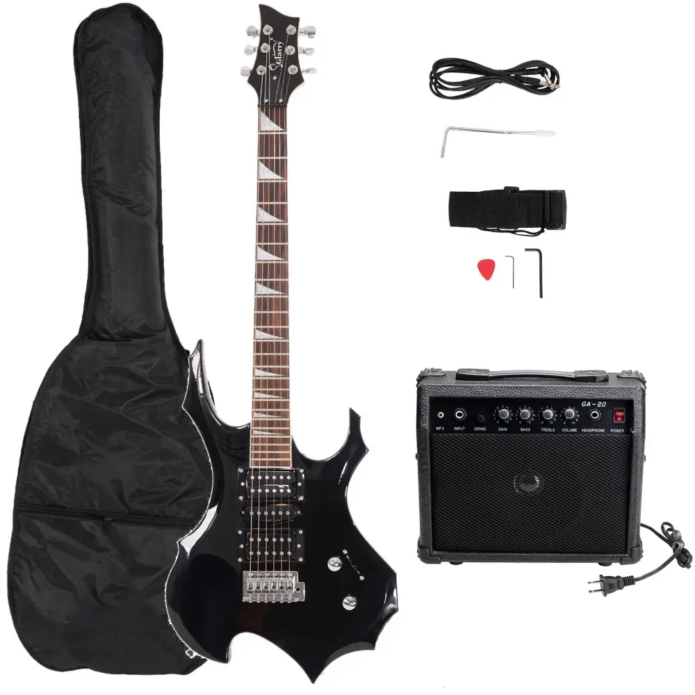 Flame Shaped Electric Guitar with 20W Amp HSH Pickup Beginner Guitar Kit 24 Frets Tremolo Bridge Guitar Bag Strap Cable Picks Right Handed Black Amplifier Gain