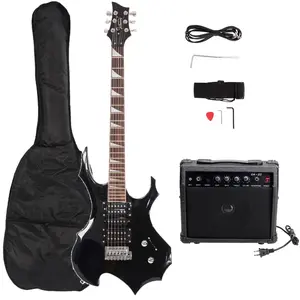 Flame Shaped Electric Guitar with 20W Amp HSH Pickup Beginner Guitar Kit 24 Frets Tremolo Bridge Guitar Bag Strap Cable Picks Right Handed Black