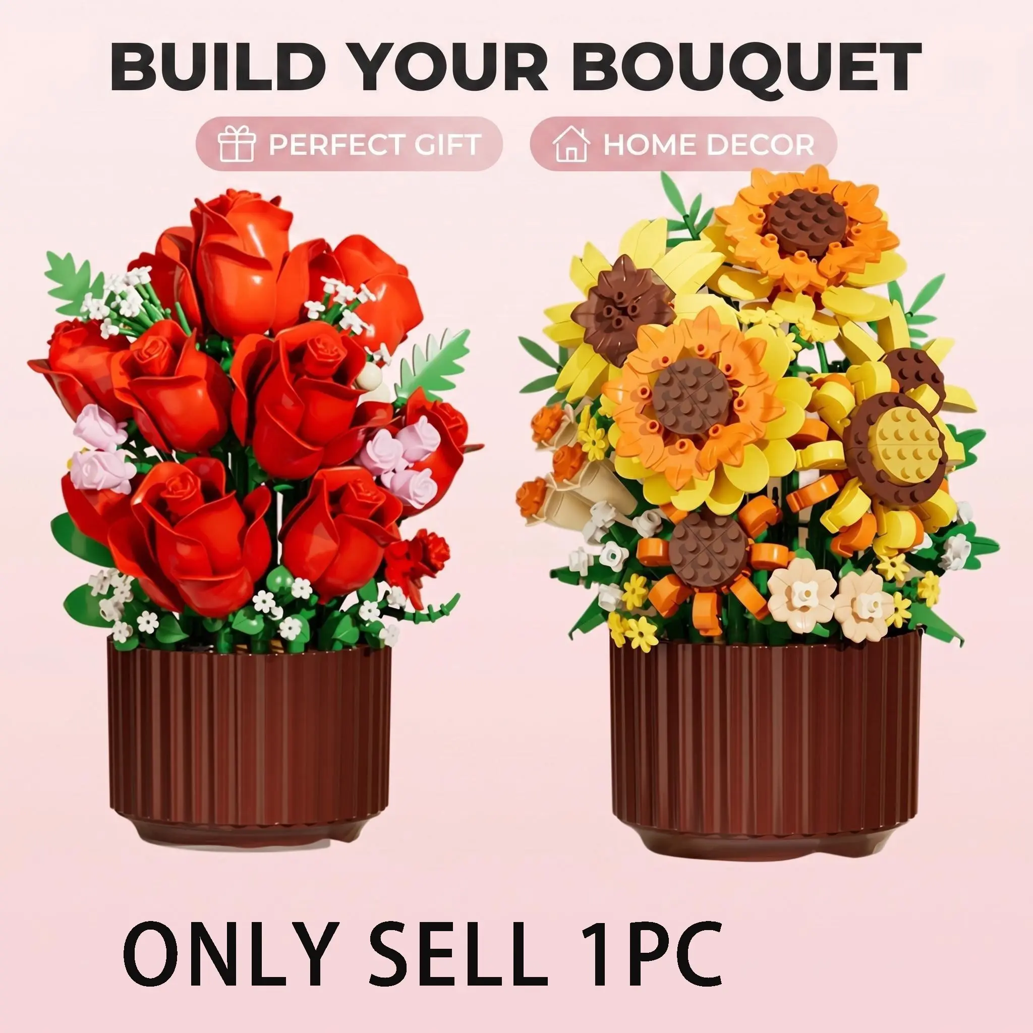 400+pcs Sunflower Rose Flower Bouquet DIY Building Blocks Set, Unisex Floral Home Decor Gift, Perfect for Valentine's Day and Birthday