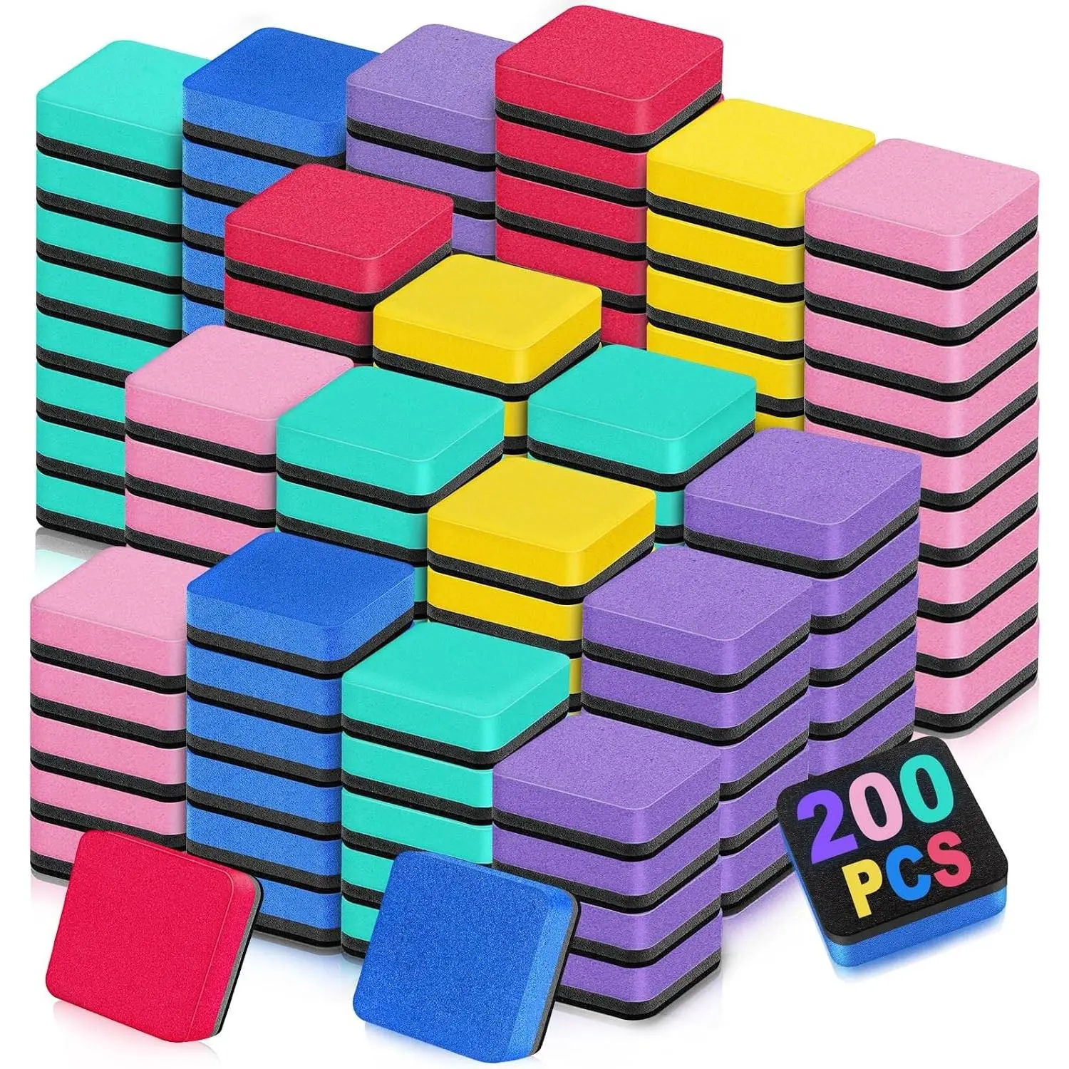 Cube Shape Magnetic Dry Erase Erasers, 200-Pack with 6 Multicolor EVA Felt Wipers - Efficient Office & Classroom Whiteboard Supplies, Whiteboards