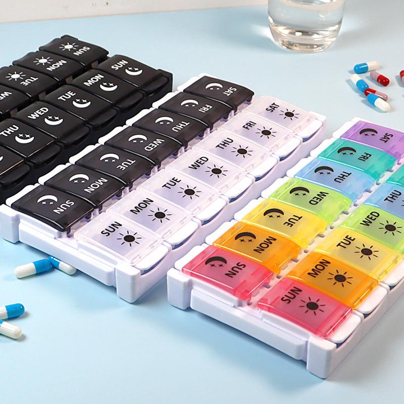 Rainbow Pill Dispensing Box 14-Compartment Press-Open 7-Day Colorful Pill Box Double Row Pop-Up Storage Easy Quick-Load Pill Box Household Portable Medicine Storage Box Dopamine Pill Boxes Large -Capacity Pill Dispensing Box Home