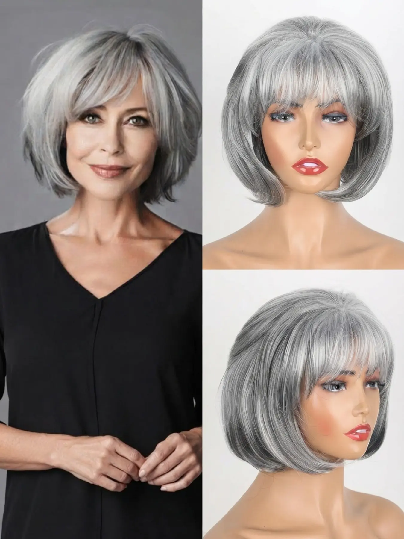 Natural Salt and Pepper Grey Bob Wig with Bangs for Women, Short Straight Layered Silver Gray Synthetic Hair Wig, Heat Resistant Fiber, Realistic Full Wig for Mature Women, Daily Wear, Party, Wedding, Cosplay, Halloween