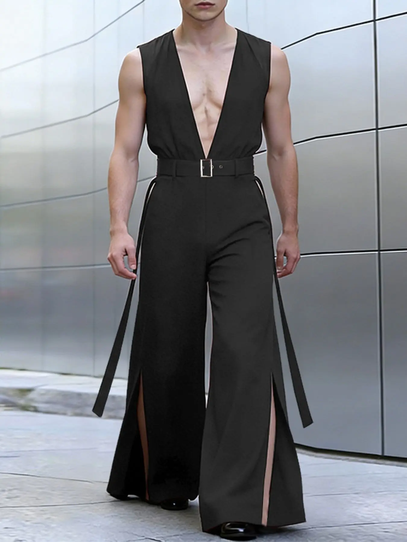 INCERUN Men's Fashion Hollow Out Design Plain Sleeveless Jumpsuit, Stylish Casual Wear, Perfect for Daily Use, Comfortable and Trendy