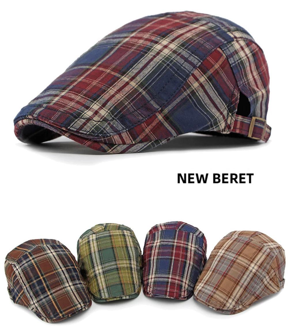 HT4376 Berets Men Women Vintage Plaid Beret Cap Male Female Adjustable Flat Cap Retro Spring Summer Cap Beret Hats for Men Women