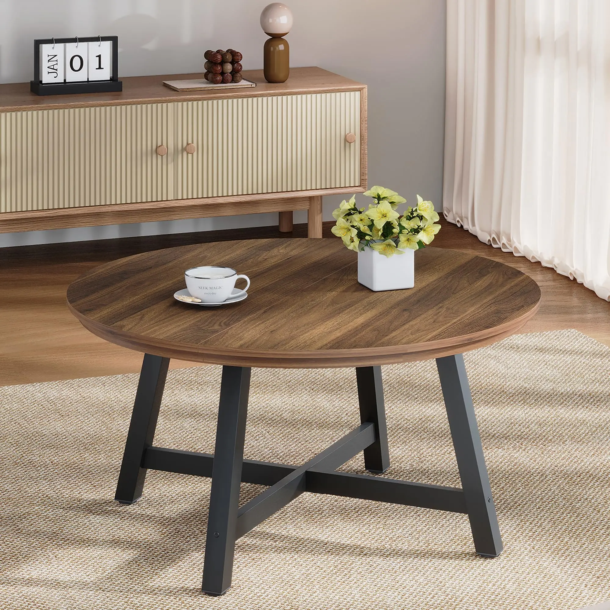 63'' Farmhouse Multifunctional Conference Table Only, Dual-Purpose Meeting Desk & TV Stand Equipped with Adjustable Shelves & Closed Cabinets, Generous Storage Space, Crafted from Modern Brown MDF, Suitable for Office, Living Room and Conference Room