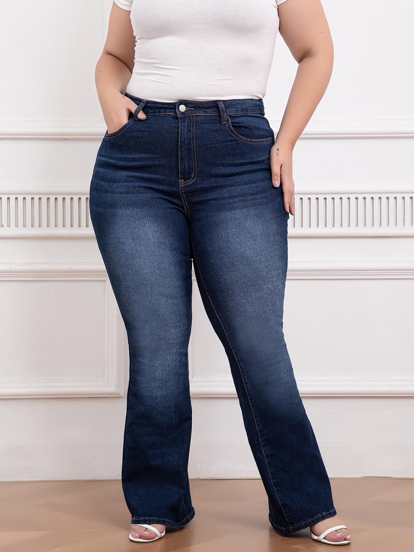 Plus Size Pocket Flare Leg Jeans, Casual Button Fly Bell Bottom Cotton Denim Pants, Women's Bottoms for Daily Wear