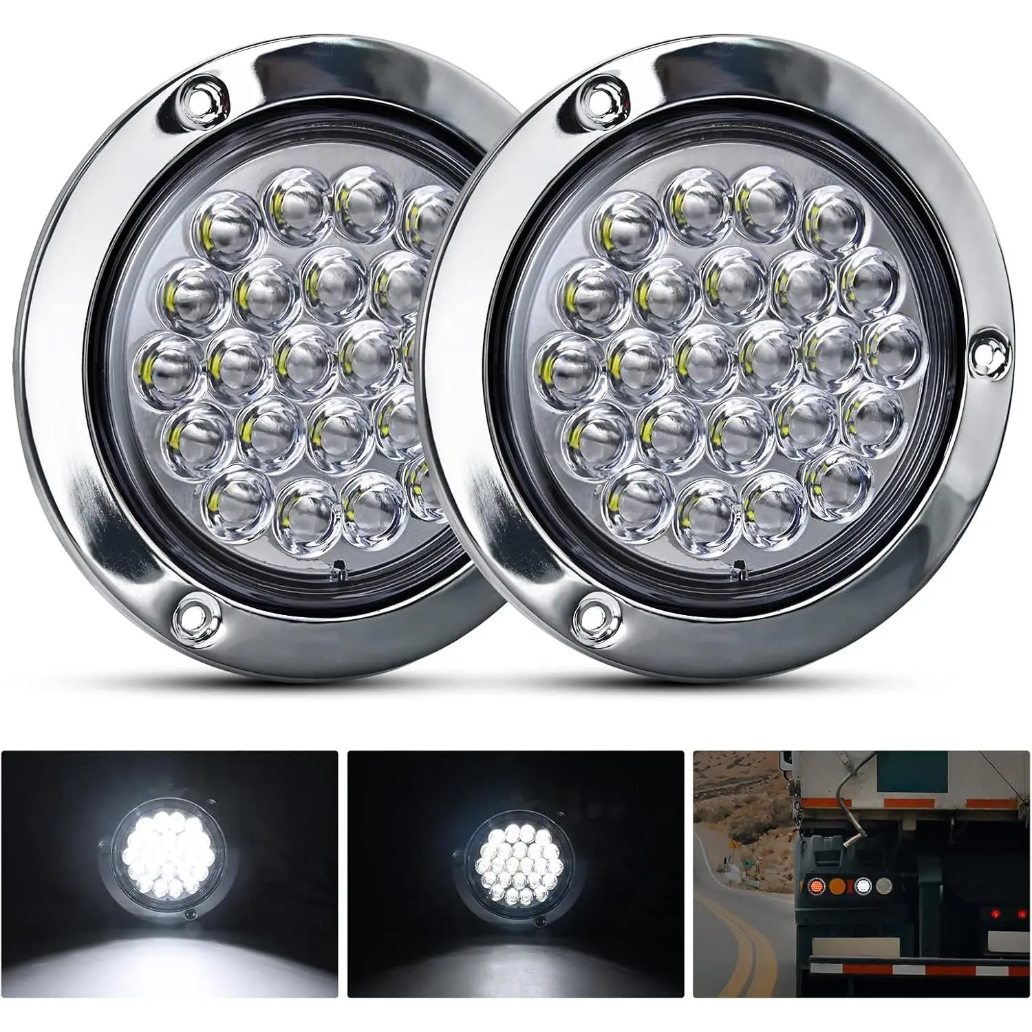 Nilight 4” Round Trailer Tail Light 2PCS 24LED White Stainless Steel Chrome Bezel Waterproof Backup Reverse Tail Lights for Truck Van Lorry Camper Boat