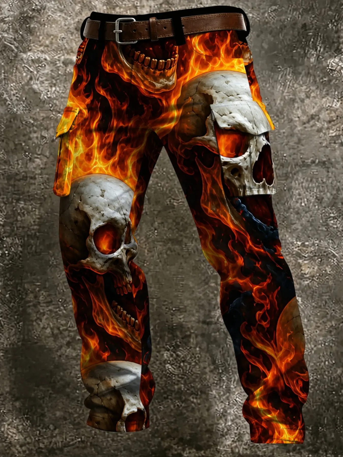 Base Fire Skull Full Print Cargo Pants, Dark Horror Punk Multi-Pocket Trendy Long Pants, Casual All-Season Fitted Trousers
