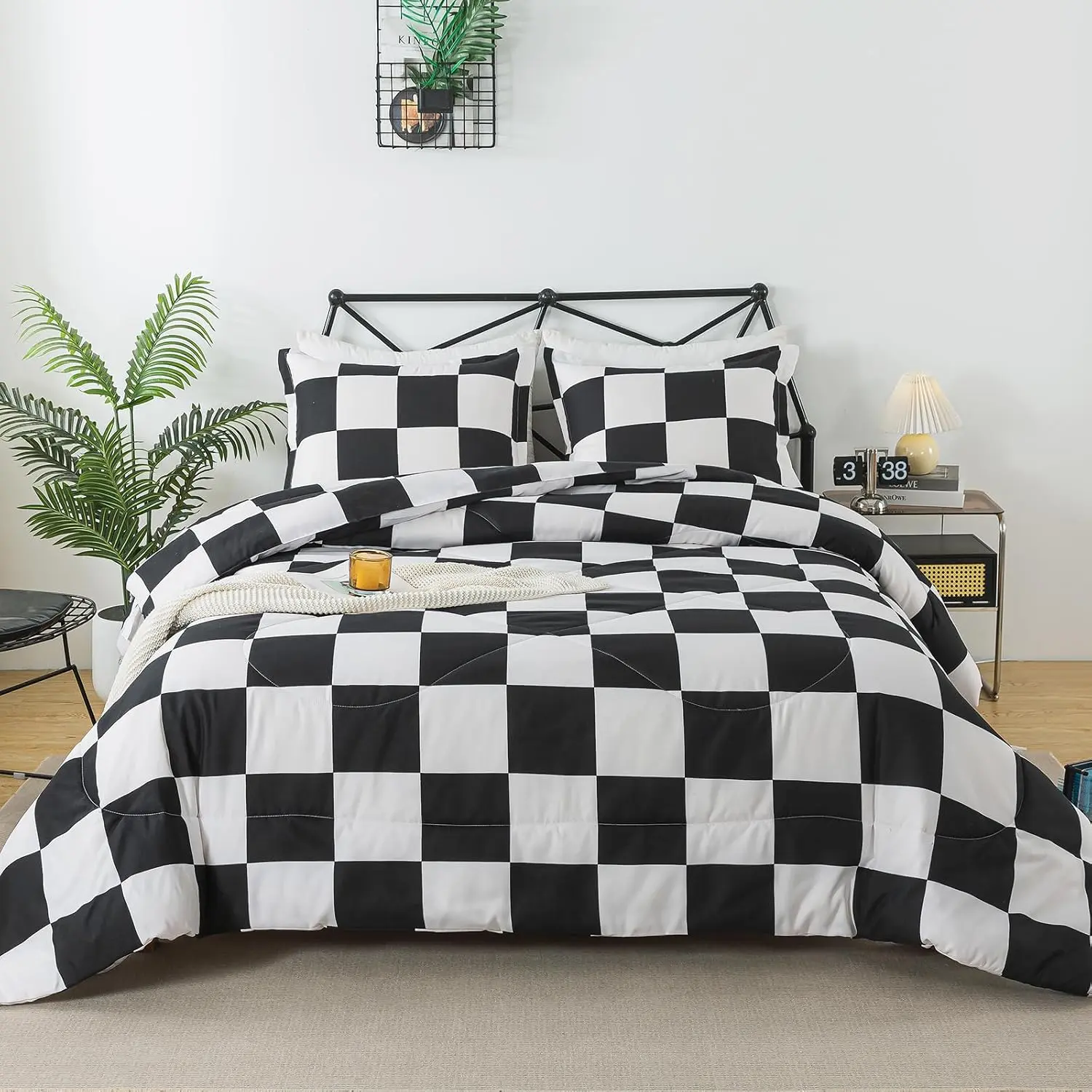 Comforter Set Black White Checkered King Size Bedding Set| Geometric Grid Home Decor, Black White Checkered Bedding Set 3 Pieces, Grid Comforter Home Decor for All