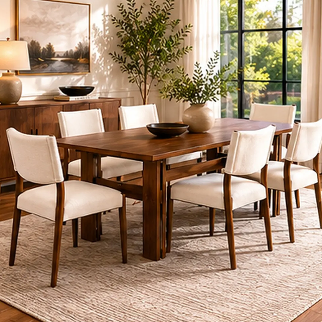 ARCH 7 Piece Dining Set for 6, 71'' Solid Wood Kitchen Table Set with 6 Upholstered Chairs, Rustic Farmhouse Dining Room Furniture Set, Walnut Finish, Beige Linen Fabric, Seats 6, for Dining Room Kitchen, Walnut Color Options, Fabric/Rubber Wood