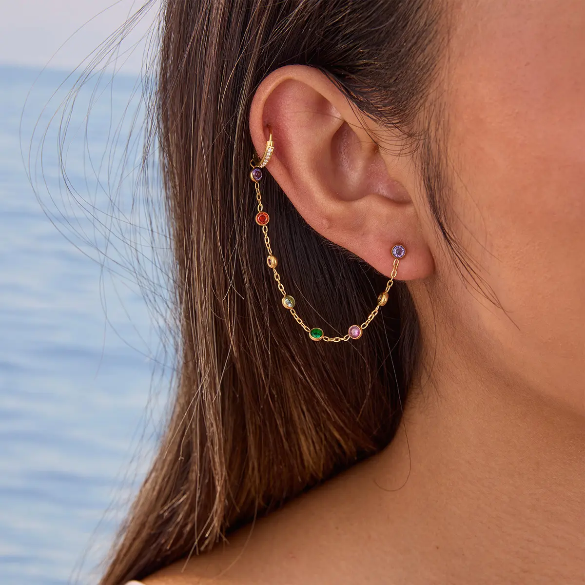 Gold-Plated Iridescent Cubic Chain Ear Cuff Earrings – Linked Studs for Multiple Piercings, Conch, and Helix; Trendy Bohemian-Style Jewelry; Gift for Women and Girls