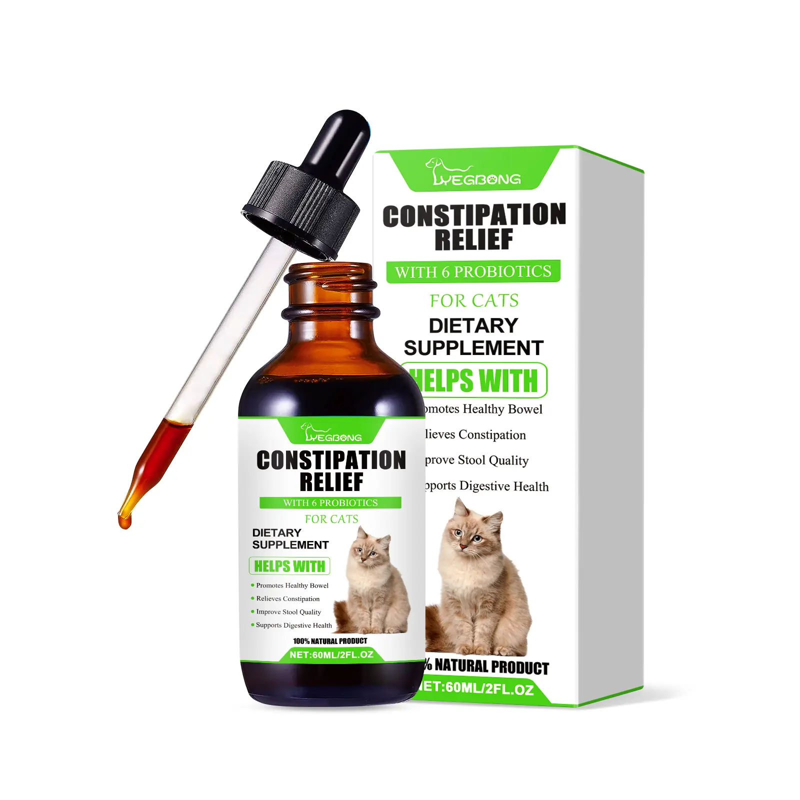 Yegbong Probiotics for Cats for Digestive Support – Cat Probiotics for Indoor Cats Help with Colic, Upset Stomachs, Diarrhea, Gas, and Bloating – Prebiotics + Pleasant Chicken Flavor Inside – 2 Oz