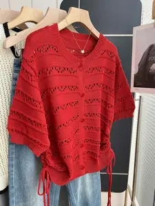 Women's Plus Size Solid Color Drawstring Lace Knit Cardigan Top, Casual Loose Fit, Perfect for Spring and Summer