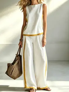 T0066 Women Summer Casual Bohemian Two Piece Matching Outfit Patchwork Sleeveless Tank Top Soft Lightweight Wide Leg Pants Everyday Daily Suit.