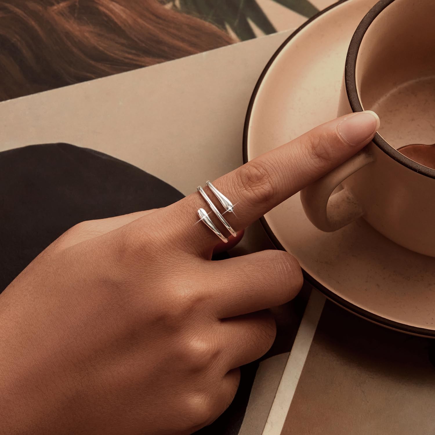 925 Sterling Silver Simple Multi-layer Leaf Adjustable Ring Green Lucky Leaves Statement Ring for Women Promise Ring Fine Jewelry