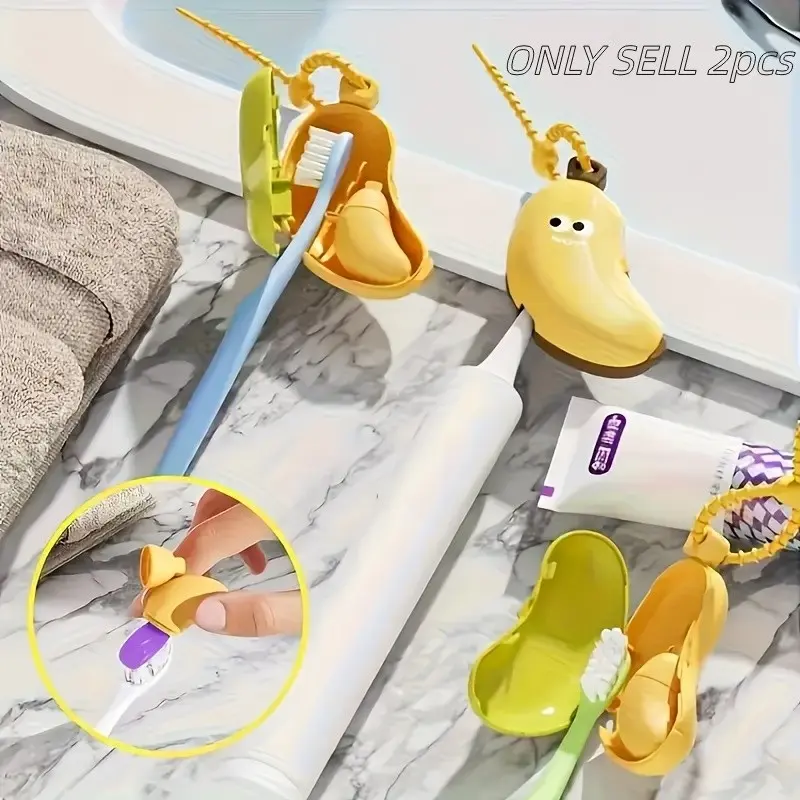 2pcs set Creative Banana Toothbrush Holder Set, Portable Travel & Home Use, Ergonomic Design, &, Odor-Free, Smooth Surface，Travel case for toothbrushes, fun design, smooth surface.