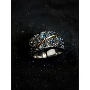 Vintage Starry Sky Meteorite Open Ring, Oxidized Copper Gold Line Blue Zircon, Adjustable Unisex Gothic Punk Jewelry Gift
