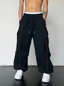 Men's Trendy Vintage Sport Long Pants, Plain Color with Side Contrast Lines, Dual Drawstrings, Loose Fit, Casual All-Season Wear, Adjustable Drawstring Sweatpants