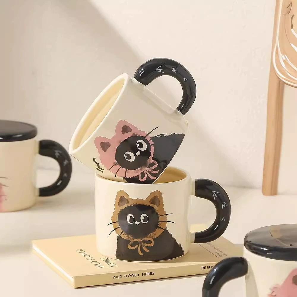 Cute Cat Pattern Ceramic Mug, 2 Counts/set Coffee Mugs with Lid & Spoon, Drinking Cup for Home Office Use, Gift for Girlfriend, Drinkware