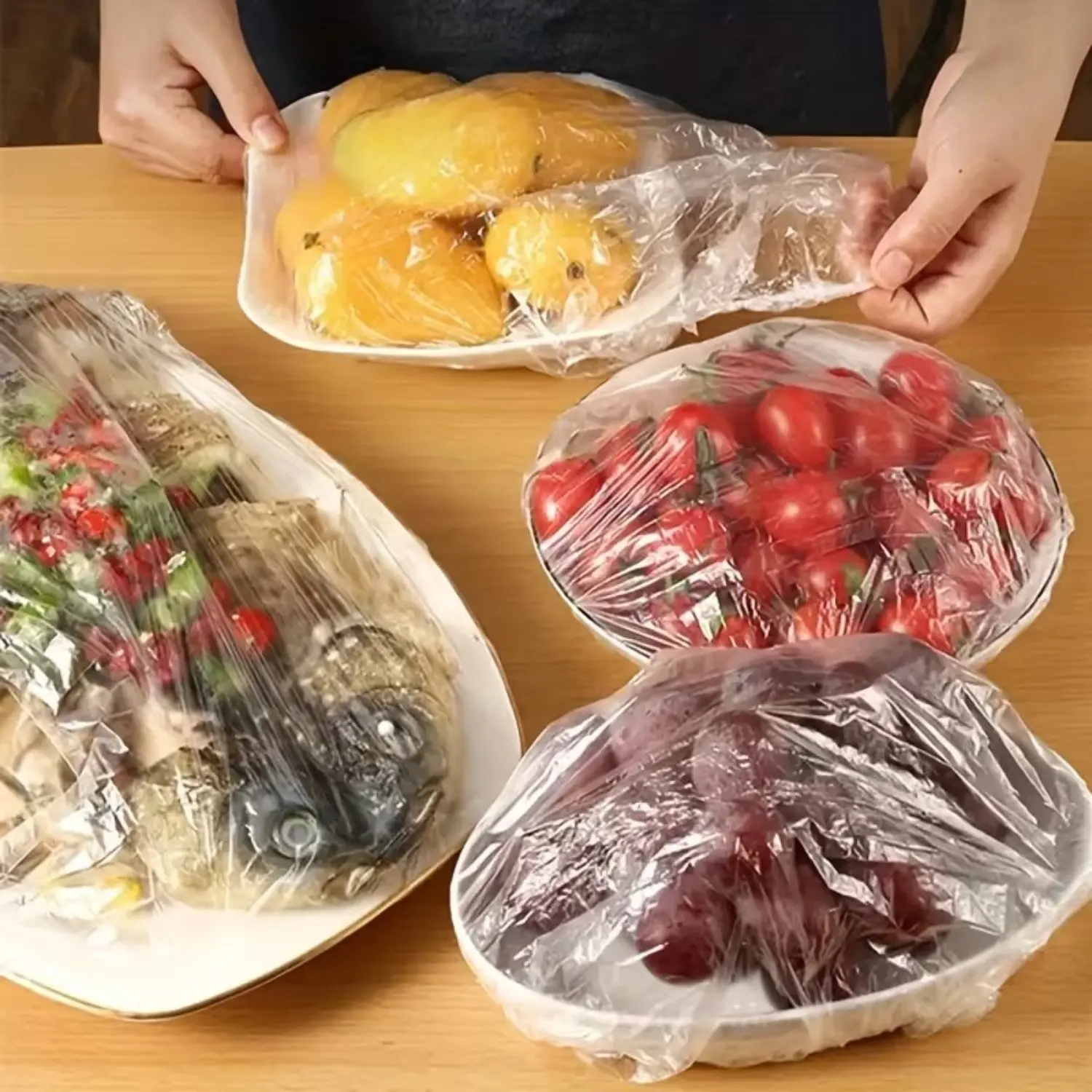 100/200 Pieces of Elastic Cling Film Covers, Food Grade PE Film Bags, Disposable Bowl Seals, Kitchen Cling Food Storage Ceiling, Suitable for Home, Restaurant, Kitchen Storage Solutions, Leftover Food Storage