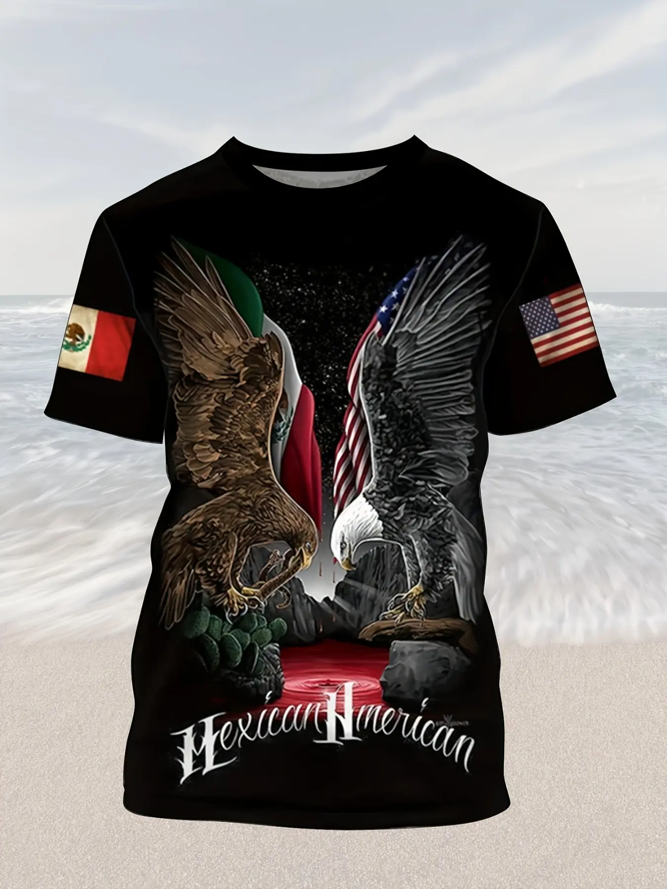 Mexican American Flag T-Shirt with Dual Eagle Print, Casual Streetwear Short-Sleeve Unisex Long Top, Loose-Fit Baggy Collarless Top for All Seasons