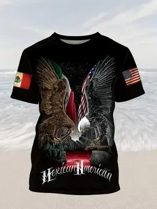 Men's Mexican American Flag T-Shirt, Casual Short Sleeve Top, Dual Eagle Print, All Seasons, Loose-Fitting, Random Pattern