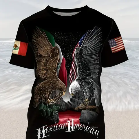 Mexican American Flag T-Shirt with Dual Eagle Print, Graphic Apparel, Casual Streetwear Short-Sleeve Unisex Long Top, Loose-Fit Baggy Collarless Top for All Seasons