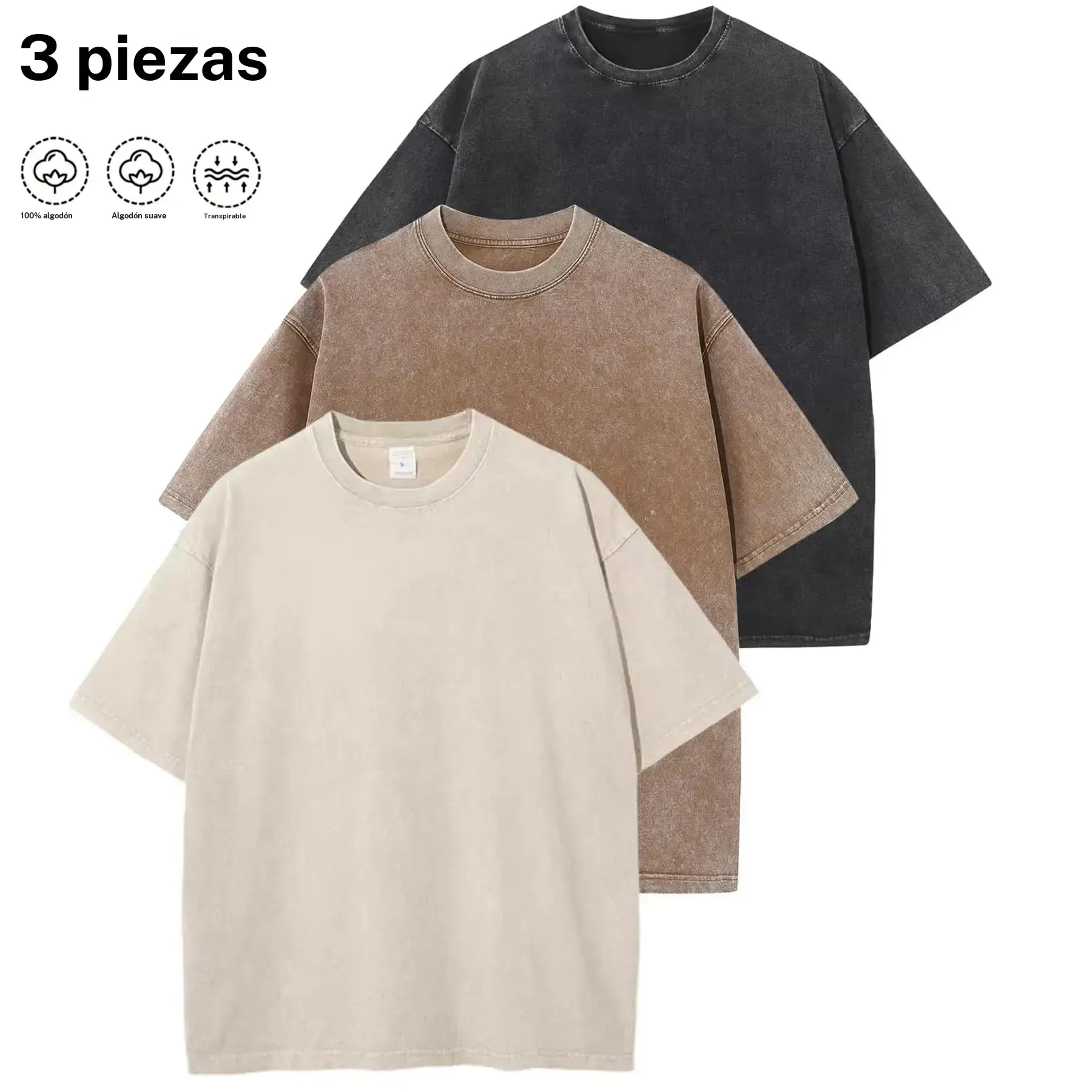 Men's 3-Pack Baggy Short-Sleeve 100% Cotton Vintage Wash Tops, Soft Distressed Crewneck Menswear Tees (Black+Grey+Beige), Perfect for Casual Streetwear & Everyday Layering, Shortsleeve