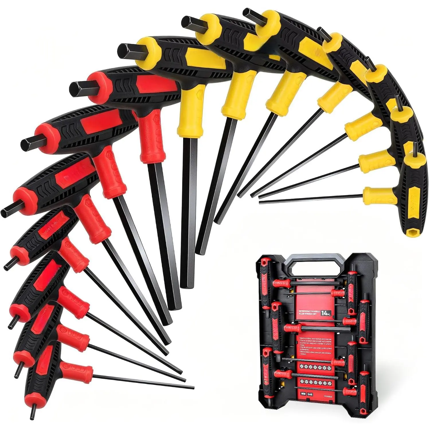 14-Piece Allen Wrench Set, Metric&SAE T-Handle, Long Arm Hex Key Set with Storage Box, Portable Allen Key Set for Basic Home Repair and Mechanical Maintenance