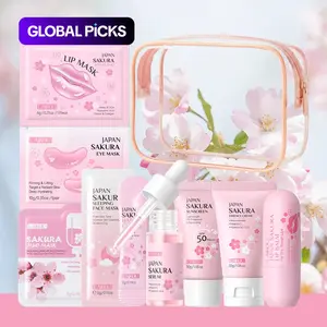 LAIKOU Japan Sakura 9-in-1 Portable Travel Skin Care Set, Daily Sun Protection, Hydrating & Moisturizing Kit, Moisturizer