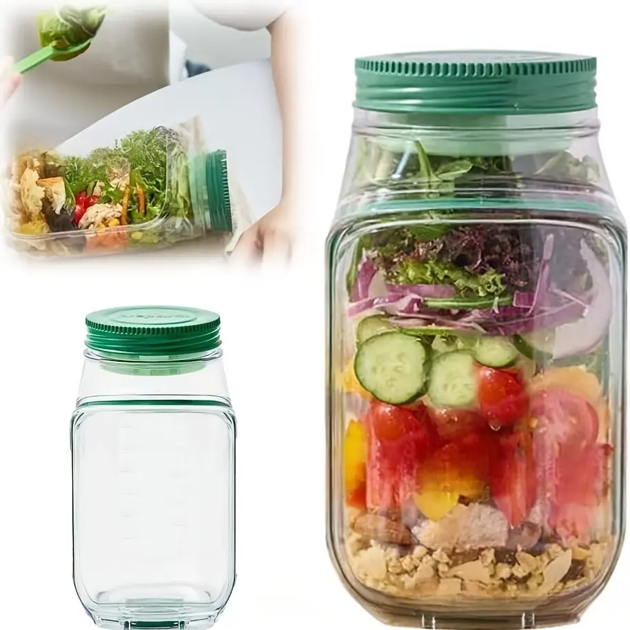 Salad Storage Container with Lid, Reusable Plastic Sealed Bowl with Measurement, Leakproof Dressing Compartment for Kitchen Use
