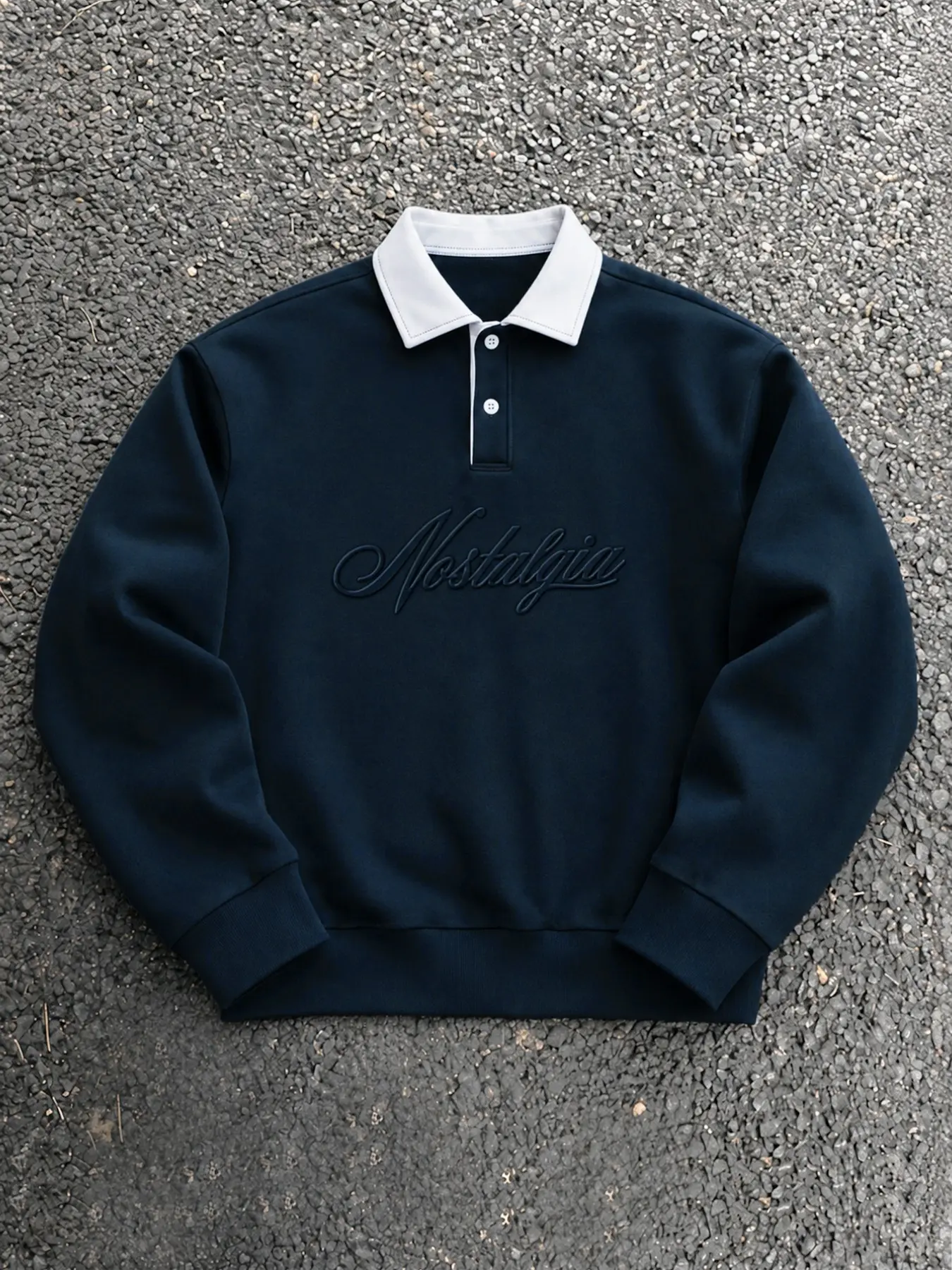 Cleanfit American College Contrast White Collar Polo Sweatshirt, Embossed Debossed Script Letter Print Long Sleeve Top, Loose Drop Shoulder Unisex Vintage Campus Pullover, Couple Commute Daily Outfit, Autumn Winter Warm Sweatshirt, Holiday & Birthday Gift