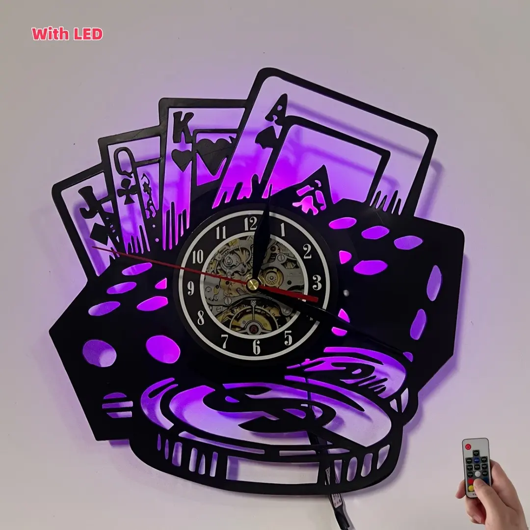 Poker Cards LED Vinyl Record Wall Clock, 7 Color Changing Lights, Retro Style, Battery Operated, Perfect for Home Kitchen Office
