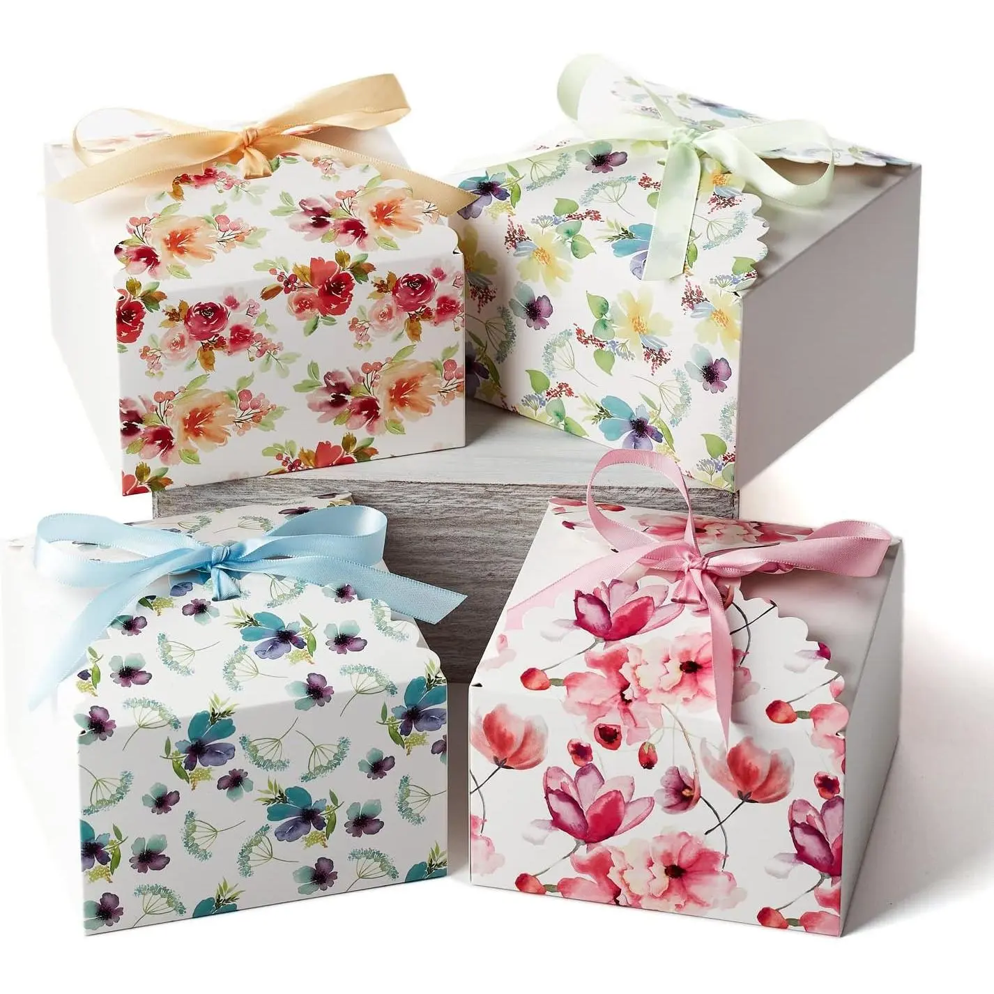 Floral  Boxes with  & Ribbons, 20 Pack, 5.8” x 3.7” Decorative Small  Boxes for  Giving, Cookie Tins, Mithai Indian Sweets, Candy, Christmas, Diwali, Favors, Baked Goods, Empty, Bulk