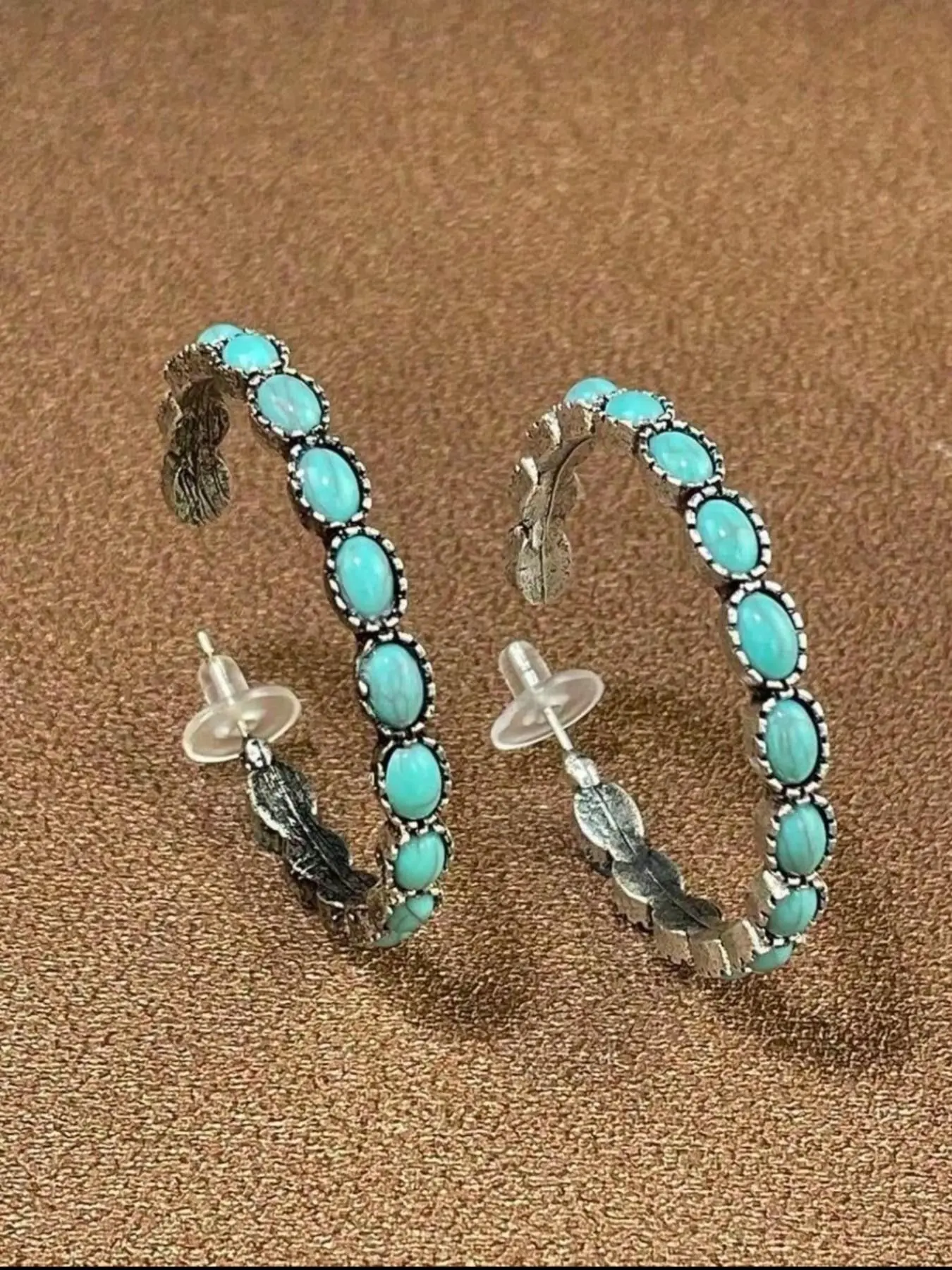 Western Style Eclectic Turquoise Pendant Earrings, Large Oval Metal Alloy, Vintage Statement Jewelry, Bohemian Women's Versatile Delicate Vibrant Hoops, 1 Pair