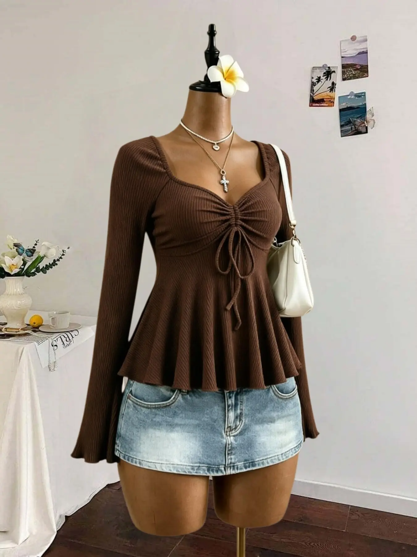 Women's Long Sleeve Ruffle Top, Heart V-Neck Front Tie Wrinkle Slim Fit Casual Home Wear, Stylish and Comfortable Clothing for Daily Use