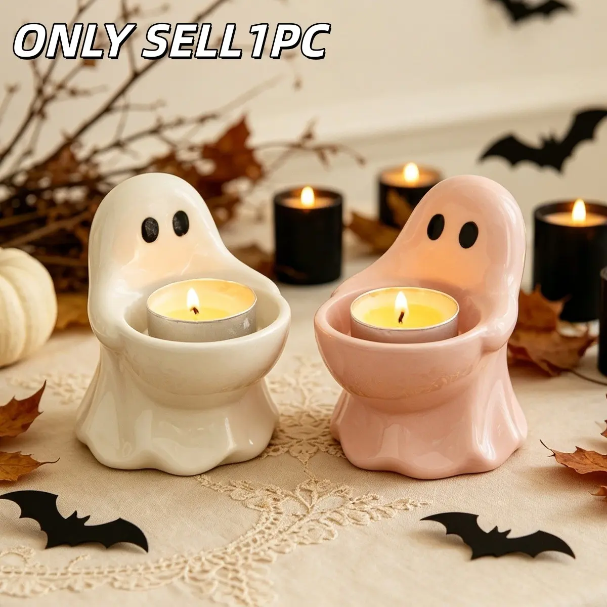 1PC Ceramic Ghost Tealight Candle Holder, Cute Ghost Candle Base, Home Tabletop Ornament for Halloween