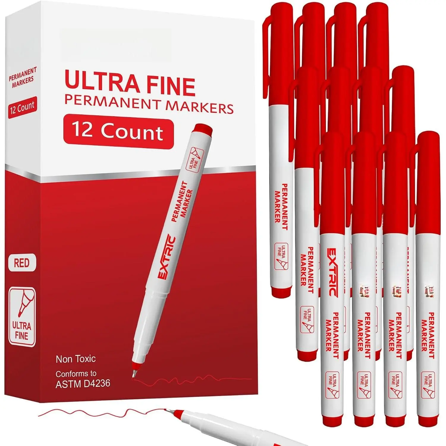 Permanent Markers Ultra Fine Tip, Red, 12 Pack, Quick Drying, , Fade Resistant Artist Markers for , Plastic, Metal, Paper & , Fine Line Drawing, Coloring