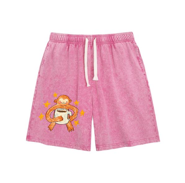 Star Monkey unisex retro washed shorts, retro distressed color washed shorts - natural themed men's and women's streetwear Valentine's Day gifts-men’s shorts