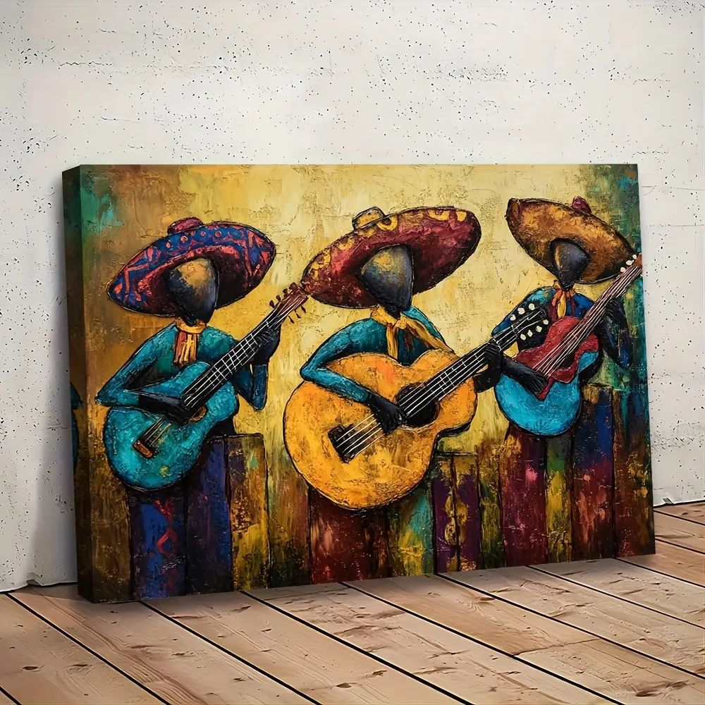 1 piece of Mexican traditional music culture wooden framed canvas wall art - vibrant Mariachi band with guitar and sombrero, farmhouse kitchen bedroom office bar decoration, home wall decoration, Mexican home decor, perfect for room decoration