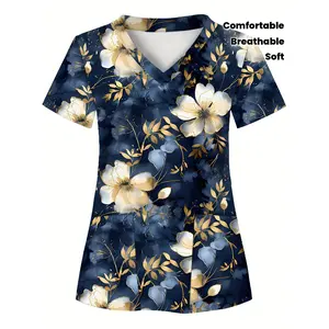 [Comfortable Scrub Top] Soft, Breathable Women's Scrub Top| Full-body Print, Dark Base with Golden Floral Pattern, Two Pockets, Comfortable T-shirt for Healthcare Professionals - Practical Uniform Suitable for Hospitals, Dental Clinics, Beauty Salons, and
