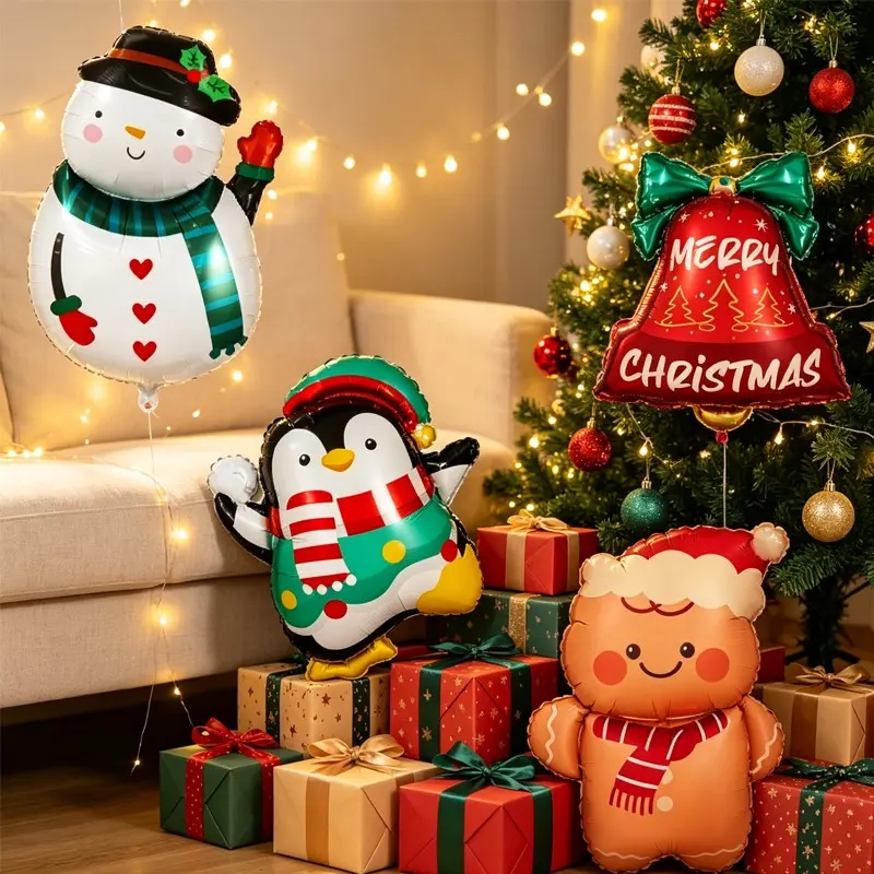 4pcs Christmas Theme Cute Snowman, Penguin, Gingerbread Man, Bell Aluminum Foil Balloons, Holiday Decorations, Winter Festival Party Supplies